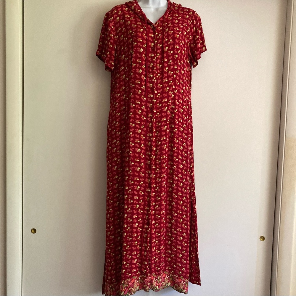 Vintage Y2K Red Short Sleeve Hooded Drawstring Floral Button Up Y2K Maxi Dress M - Picture 3 of 13